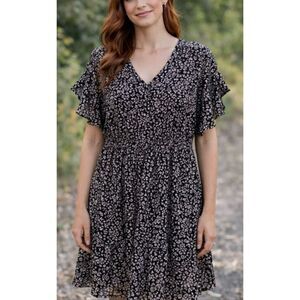 Rebecca Taylor silk black and white floral smocked waist ruffle dress 4